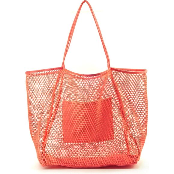 Women's Coral Mesh Beach Tote Nylon/polyester No-closure Shoulder Hand Bag - Picture 1 of 6